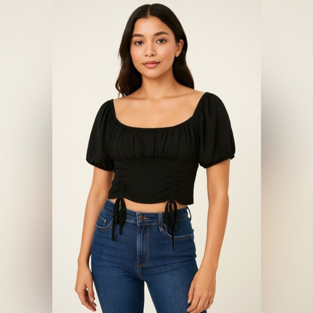 Active USA Women’s Black Puff Sleeve Ruched Crop Top Size L